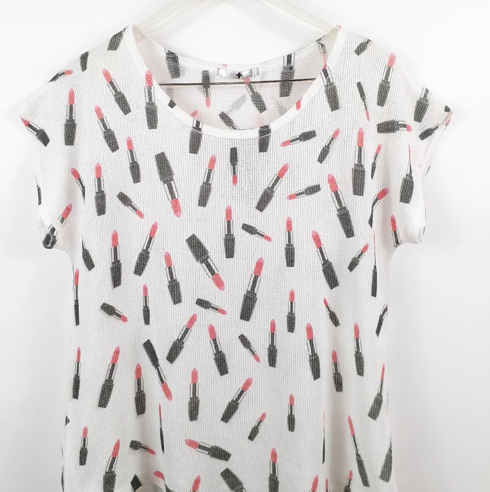4/$25 NWT Blu Planet White Knit Scoop Neck Short Sleeve Lipstick Makeup Shirt XL_2